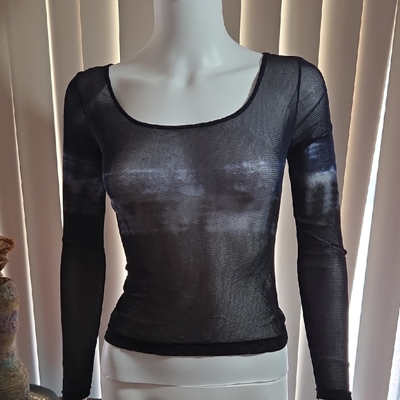 Vivienne Tam Tops - Vivienne  Blue Black Sheer Long Sleeve Top